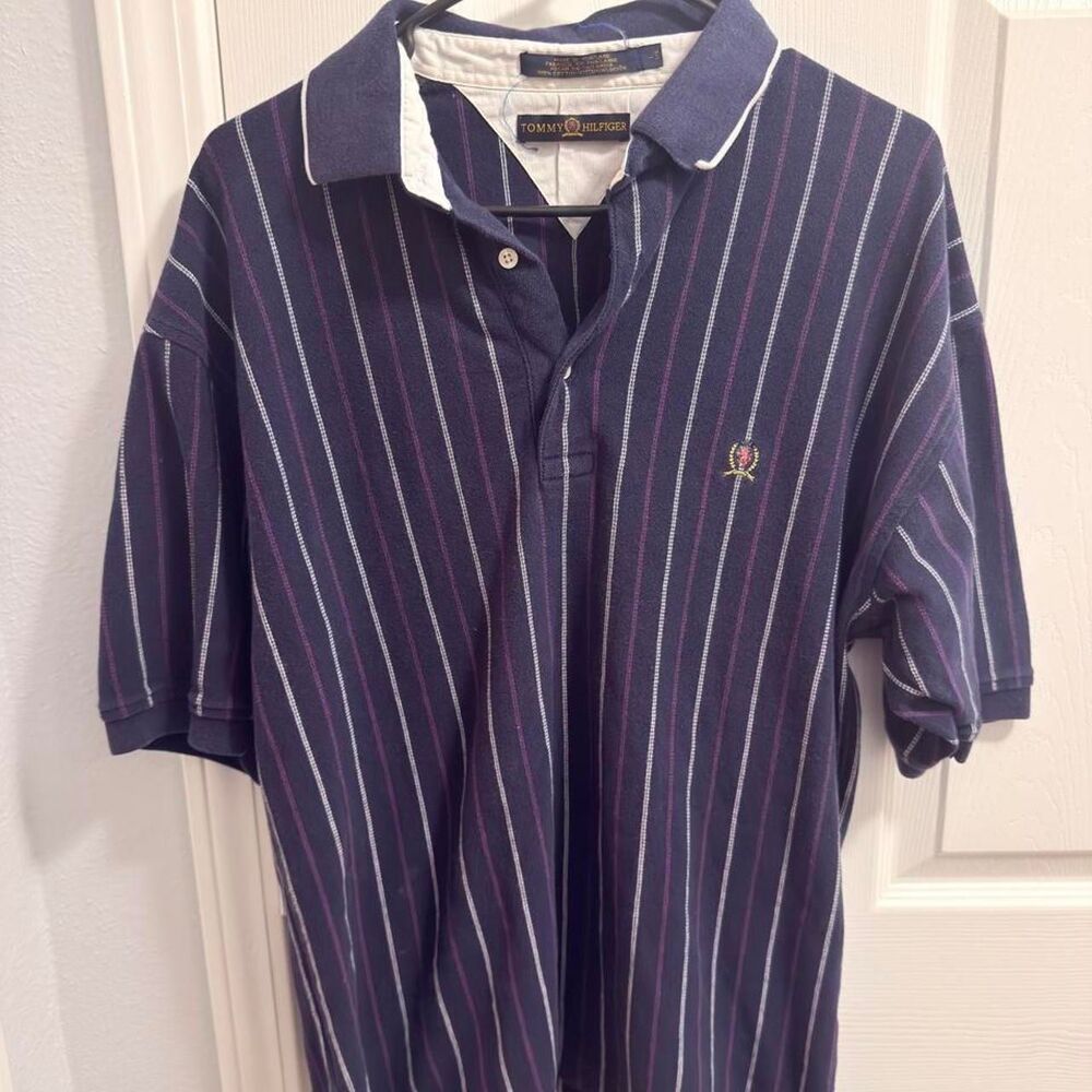 Tommy Hilfiger Crest Logo Pinstripe Polo - Navy - L (1995-1998)
